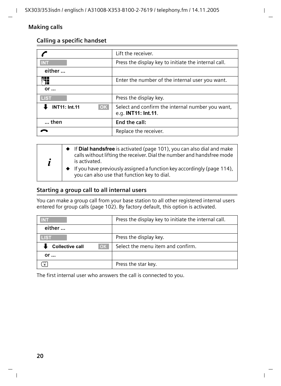 Starting a group call to all internal users | Siemens CX203isdn User Manual | Page 21 / 161