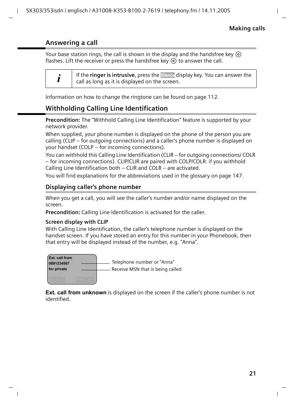 Answering a call, Withholding calling line identification, Displaying caller's phone number | Siemens CX203isdn User Manual | Page 22 / 161