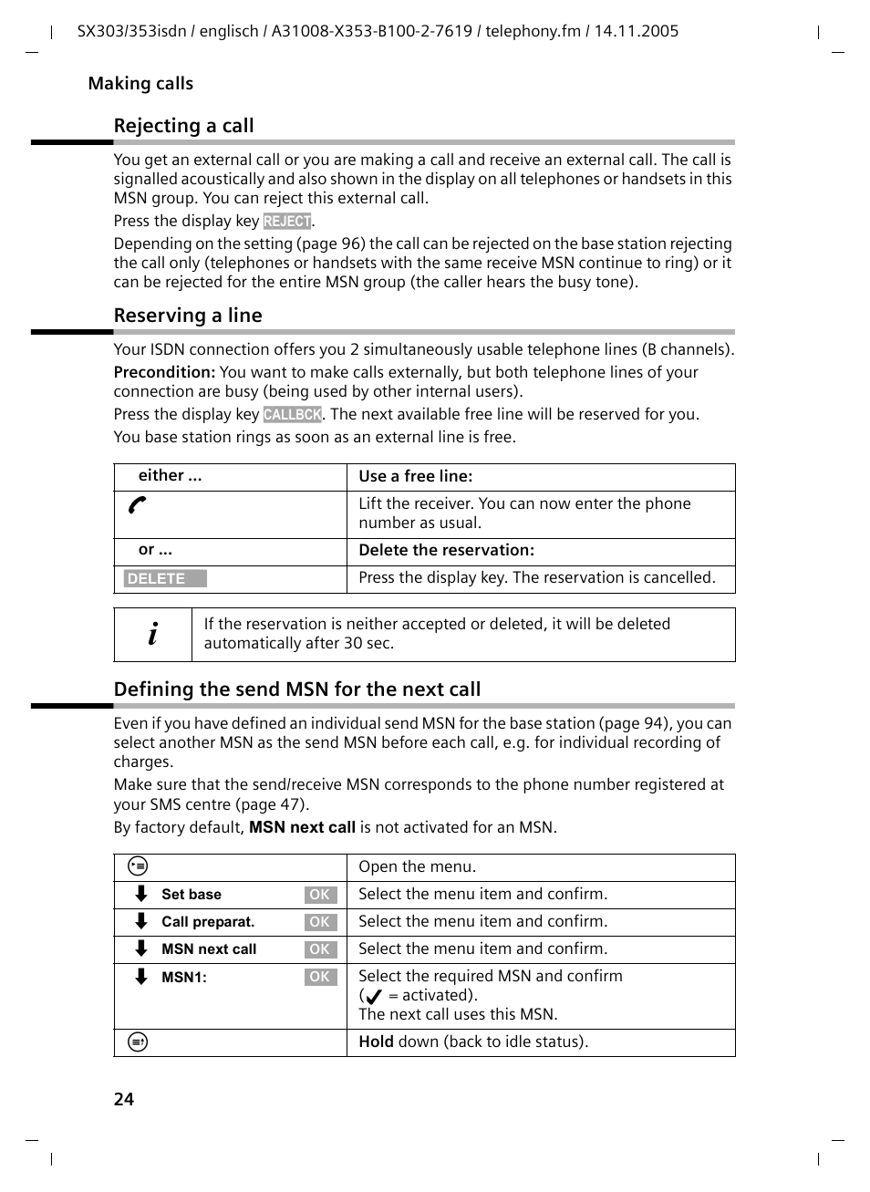 Rejecting a call, Reserving a line, Defining the send msn for the next call | Siemens CX203isdn User Manual | Page 25 / 161