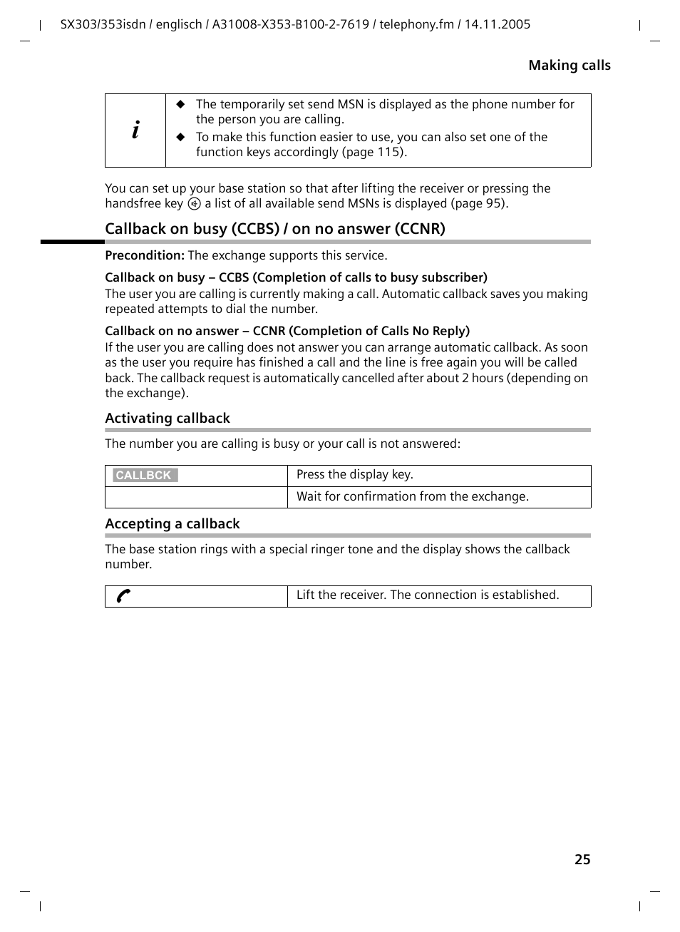 Callback on busy (ccbs) / on no answer (ccnr), Activating callback, Accepting a callback | Siemens CX203isdn User Manual | Page 26 / 161