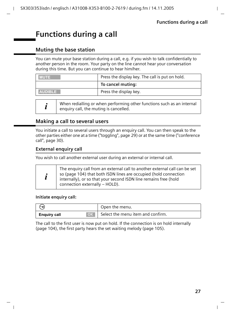 Functions during a call, Muting the base station, Making a call to several users | External enquiry call | Siemens CX203isdn User Manual | Page 28 / 161