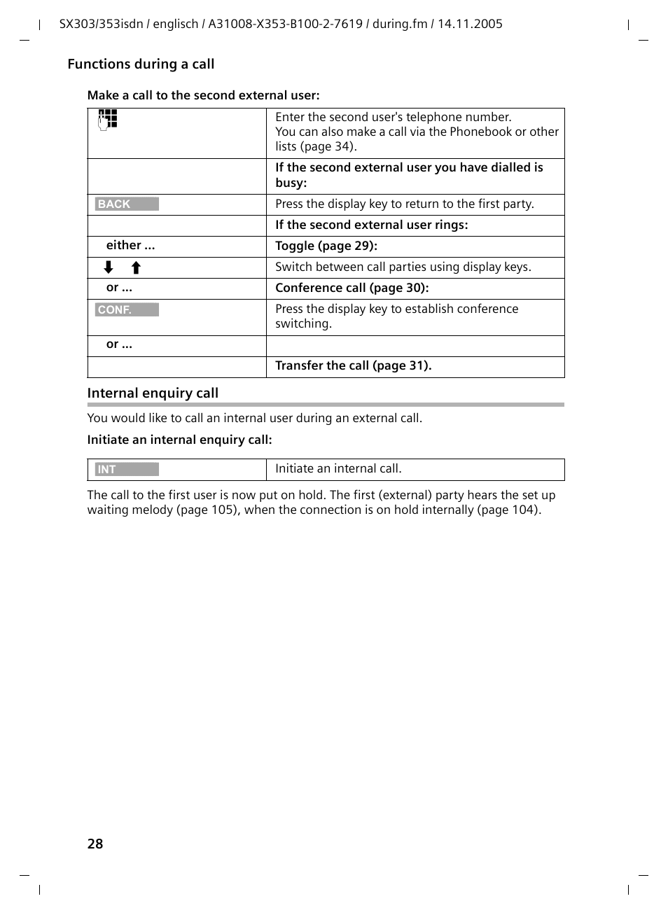 Internal enquiry call | Siemens CX203isdn User Manual | Page 29 / 161