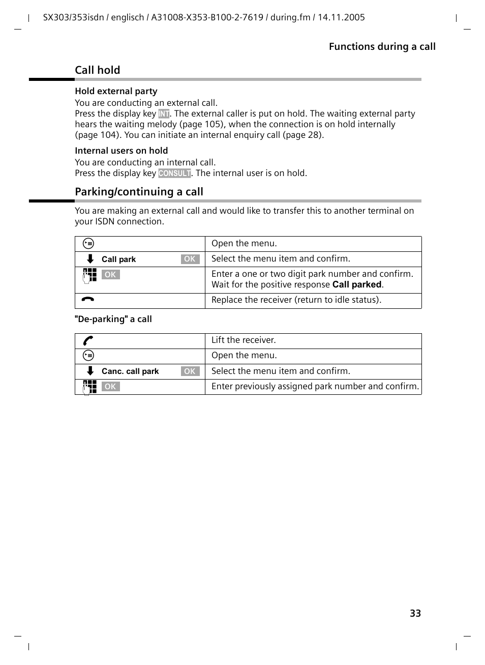 Call hold, Parking/continuing a call, Call hold parking/continuing a call | Siemens CX203isdn User Manual | Page 34 / 161