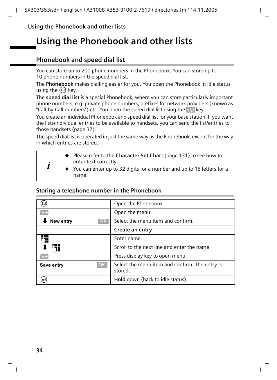 Using the phonebook and other lists, Phonebook and speed dial list, Storing a telephone number in the phonebook | Siemens CX203isdn User Manual | Page 35 / 161