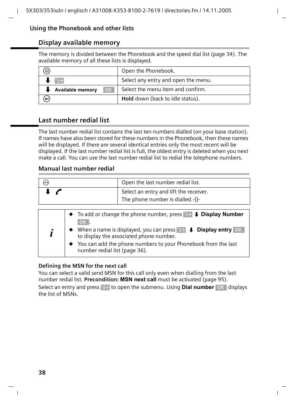 Display available memory, Last number redial list, Manual last number redial | Display available memory last number redial list | Siemens CX203isdn User Manual | Page 39 / 161