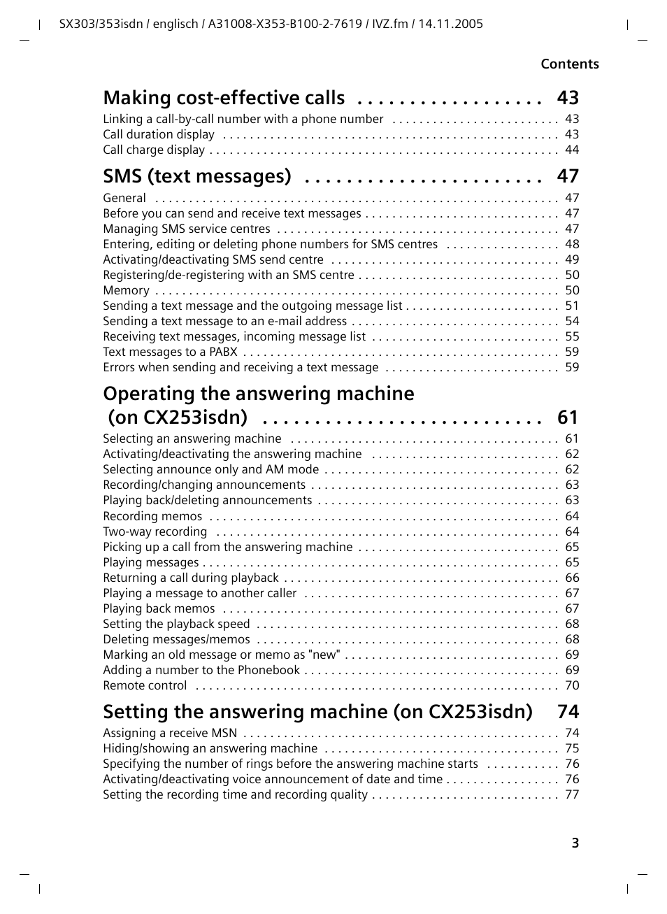 Making cost-effective calls, Sms (text messages), Operating the answering machine (on cx253isdn) | Siemens CX203isdn User Manual | Page 4 / 161