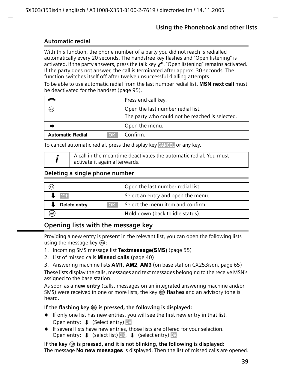 Deleting a single phone number, Opening lists with the message key | Siemens CX203isdn User Manual | Page 40 / 161