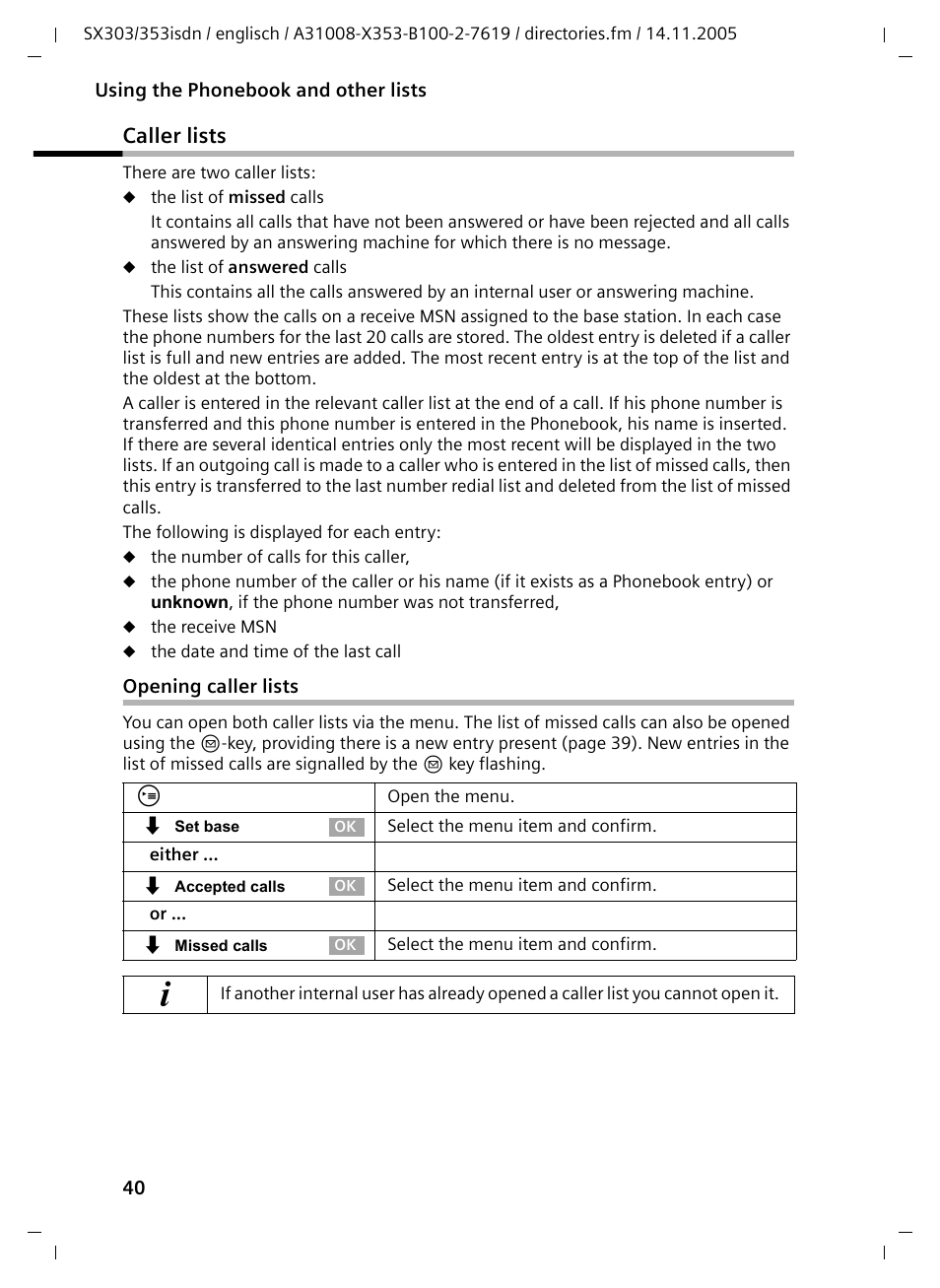 Caller lists, Opening caller lists | Siemens CX203isdn User Manual | Page 41 / 161