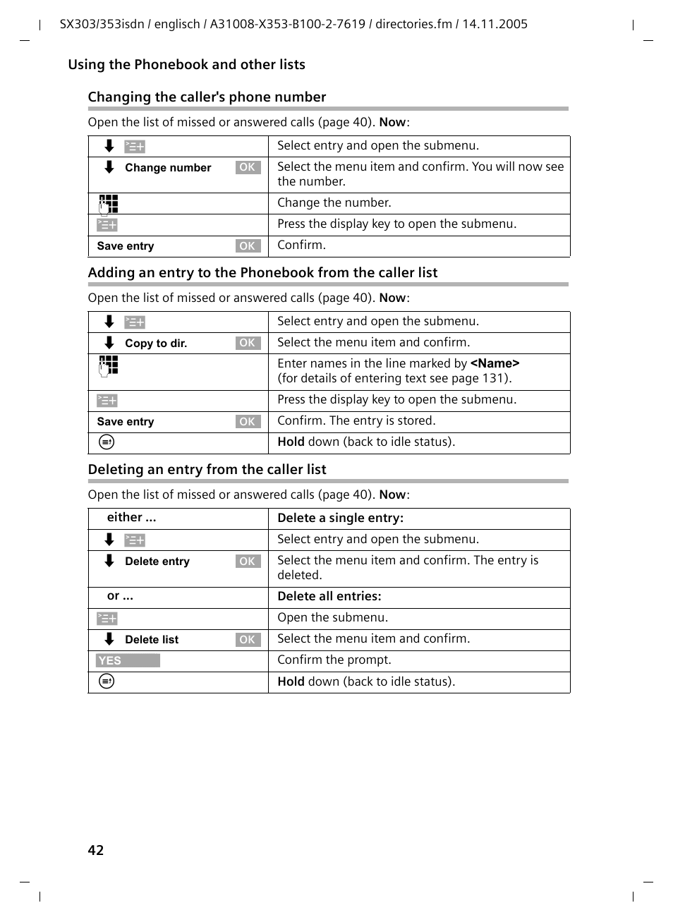 Deleting an entry from the caller list | Siemens CX203isdn User Manual | Page 43 / 161