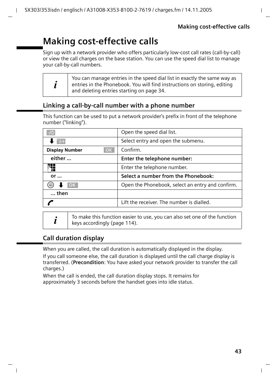 Making cost-effective calls, Linking a call-by-call number with a phone number, Call duration display | Siemens CX203isdn User Manual | Page 44 / 161