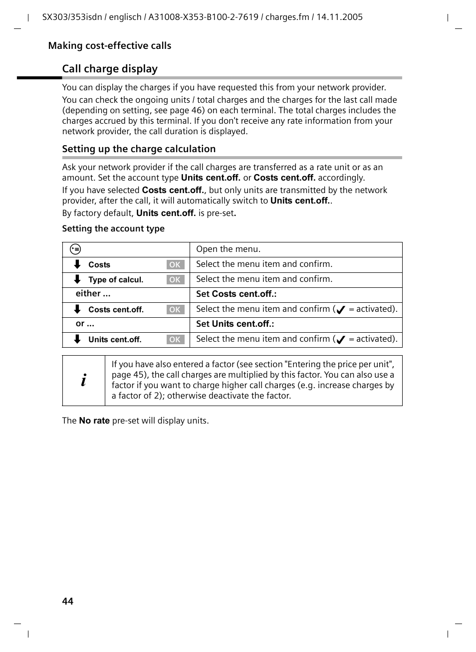 Call charge display, Setting up the charge calculation | Siemens CX203isdn User Manual | Page 45 / 161