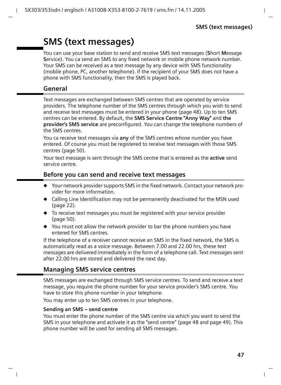 Sms (text messages), General, Before you can send and receive text messages | Managing sms service centres | Siemens CX203isdn User Manual | Page 48 / 161