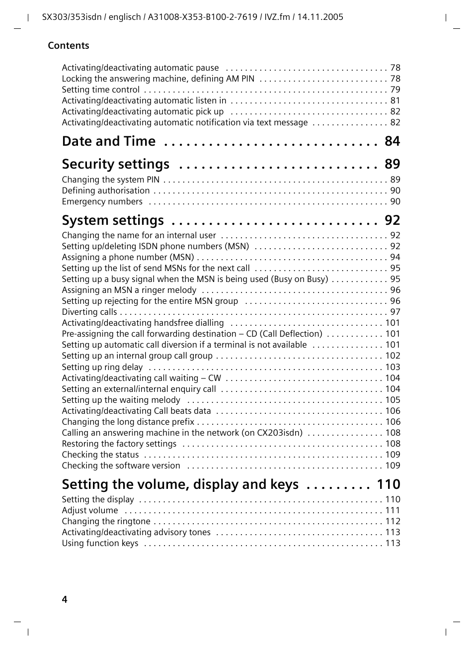 Date and time security settings, System settings, Setting the volume, display and keys | Siemens CX203isdn User Manual | Page 5 / 161