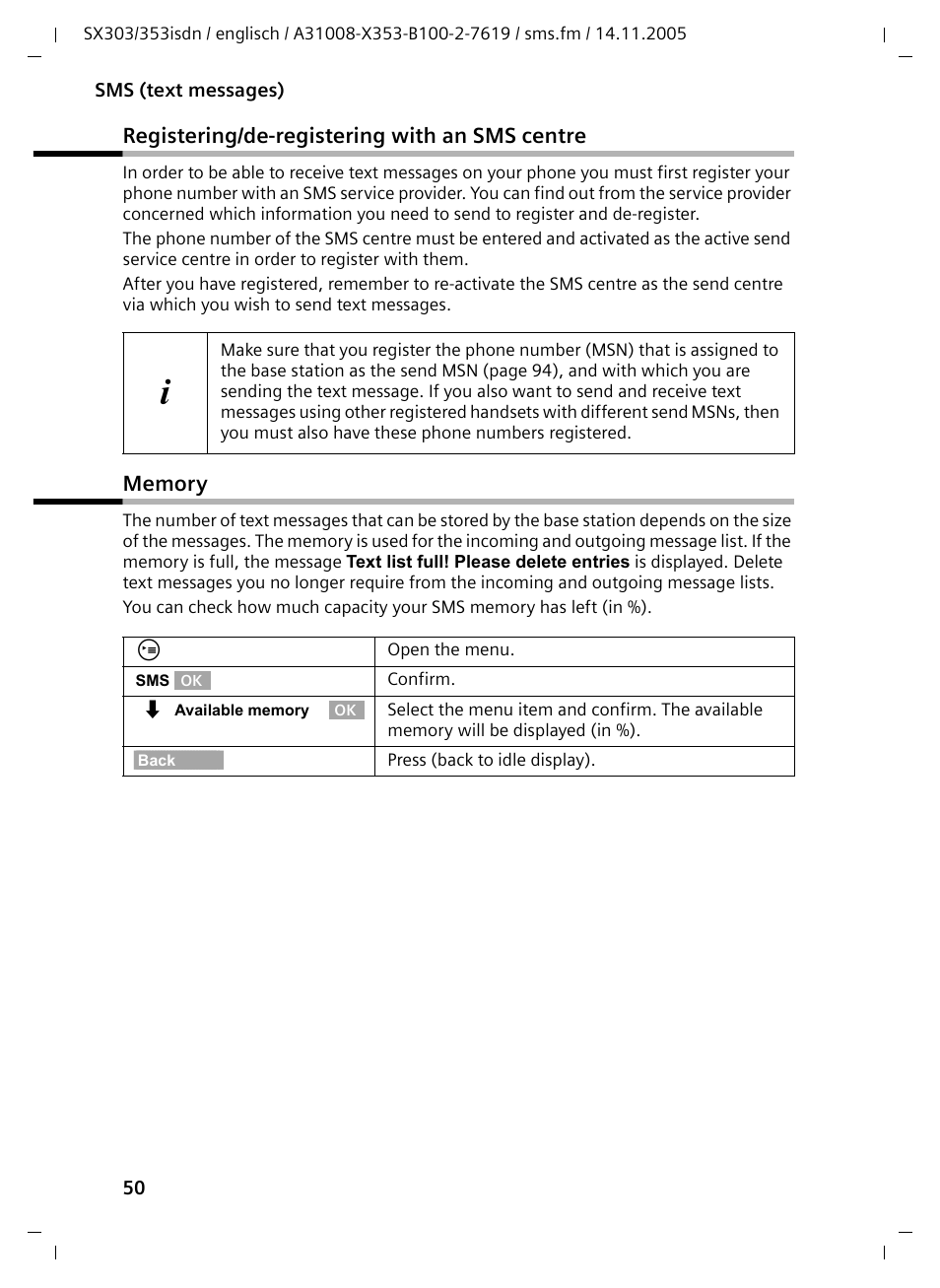 Registering/de-registering with an sms centre, Memory | Siemens CX203isdn User Manual | Page 51 / 161