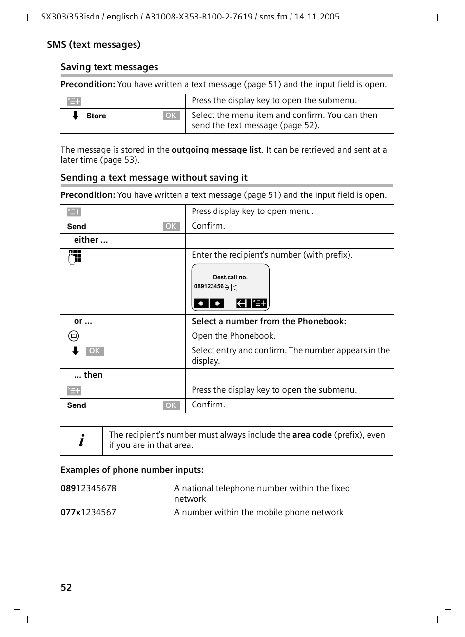 Saving text messages, Sending a text message without saving it | Siemens CX203isdn User Manual | Page 53 / 161