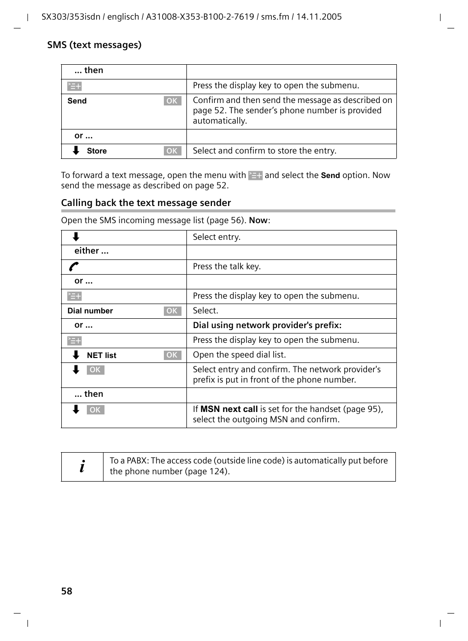 Calling back the text message sender | Siemens CX203isdn User Manual | Page 59 / 161