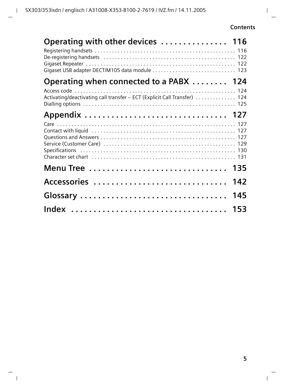 Operating with other devices, Operating when connected to a pabx, Appendix | Menu tree accessories glossary index | Siemens CX203isdn User Manual | Page 6 / 161