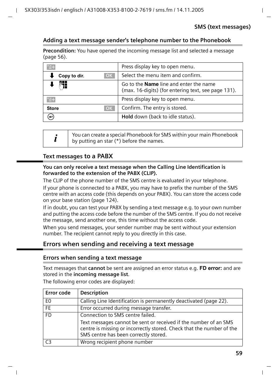 Text messages to a pabx, Errors when sending and receiving a text message, Errors when sending a text message | Siemens CX203isdn User Manual | Page 60 / 161