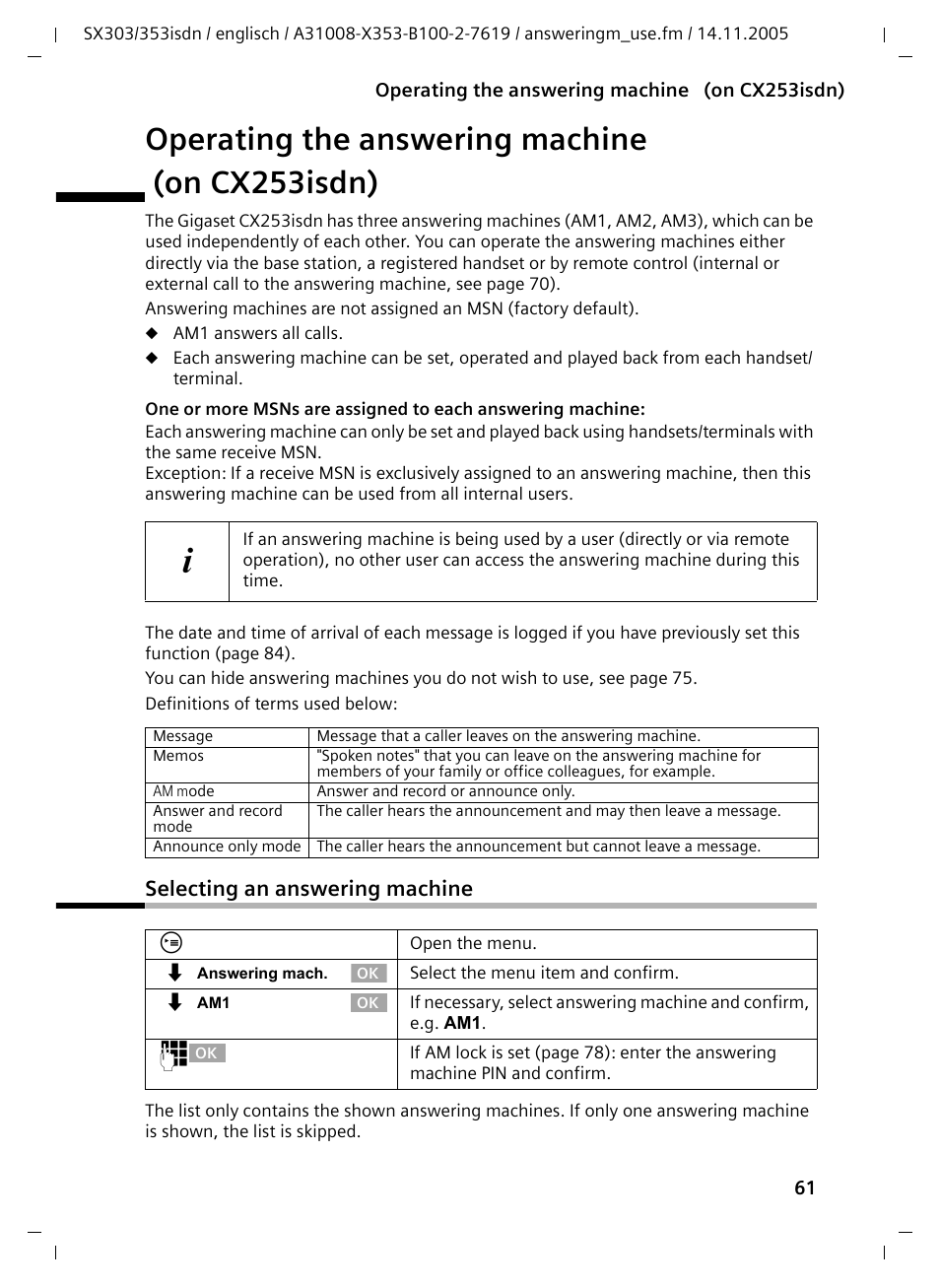 Operating the answering machine (on cx253isdn), Selecting an answering machine | Siemens CX203isdn User Manual | Page 62 / 161