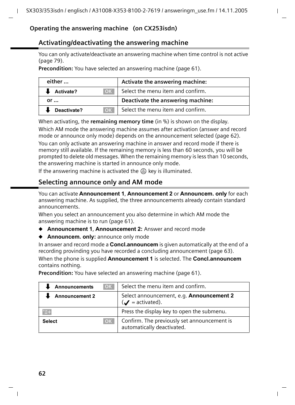 Activating/deactivating the answering machine, Selecting announce only and am mode | Siemens CX203isdn User Manual | Page 63 / 161