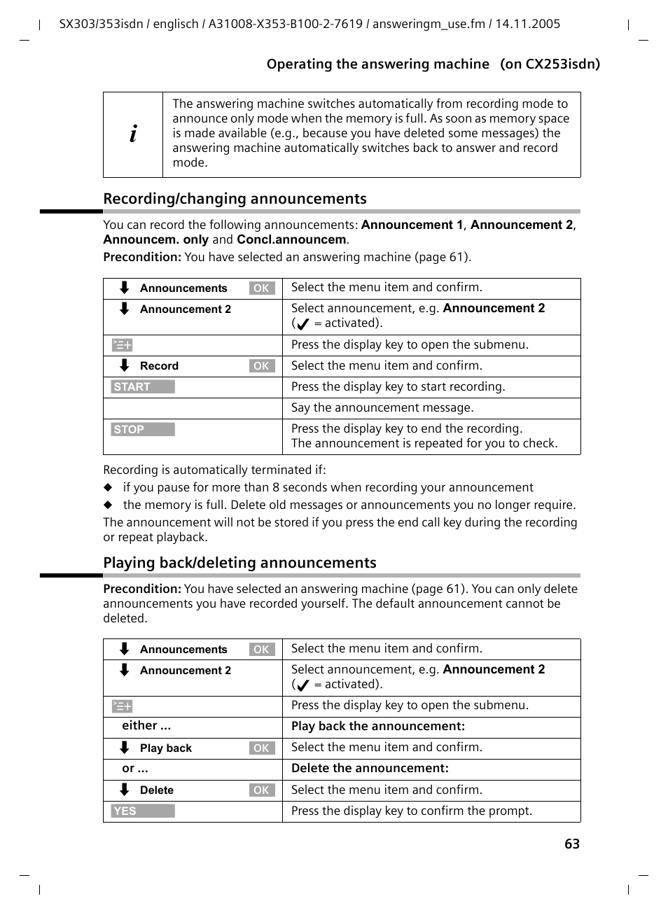 Recording/changing announcements, Playing back/deleting announcements | Siemens CX203isdn User Manual | Page 64 / 161