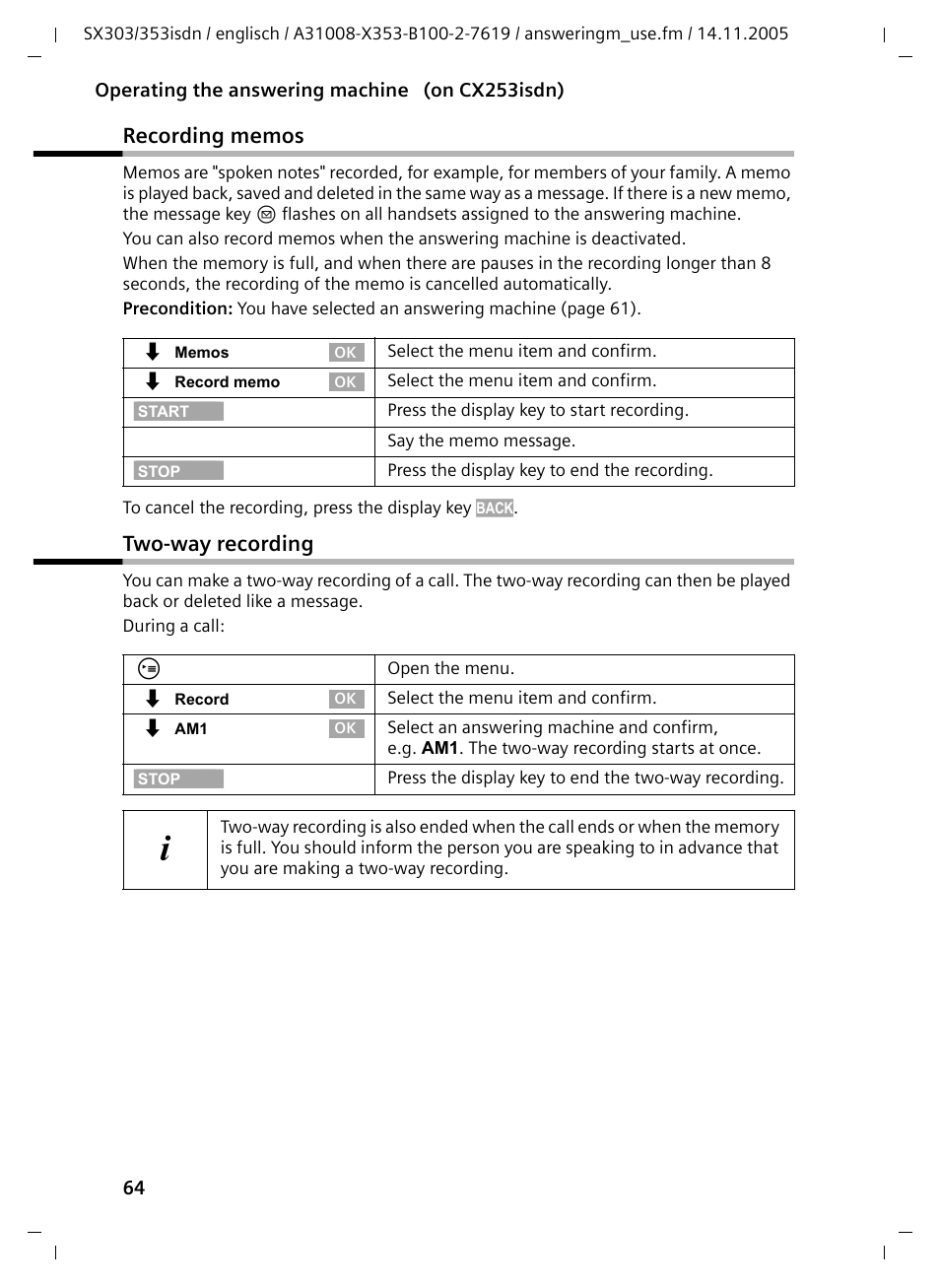 Recording memos, Two-way recording, Recording memos two-way recording | Siemens CX203isdn User Manual | Page 65 / 161