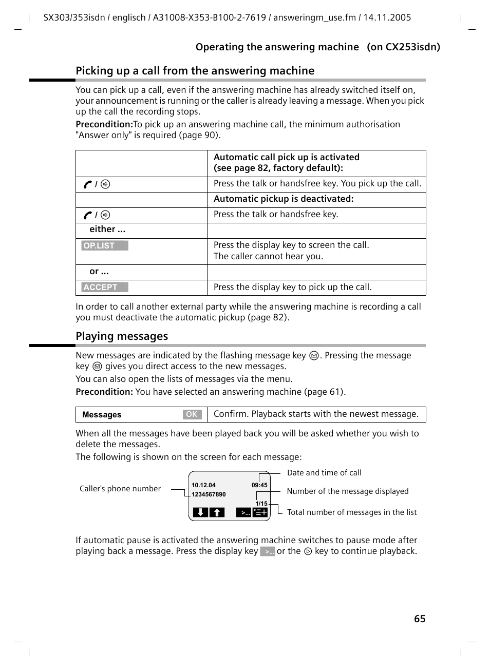 Picking up a call from the answering machine, Playing messages | Siemens CX203isdn User Manual | Page 66 / 161