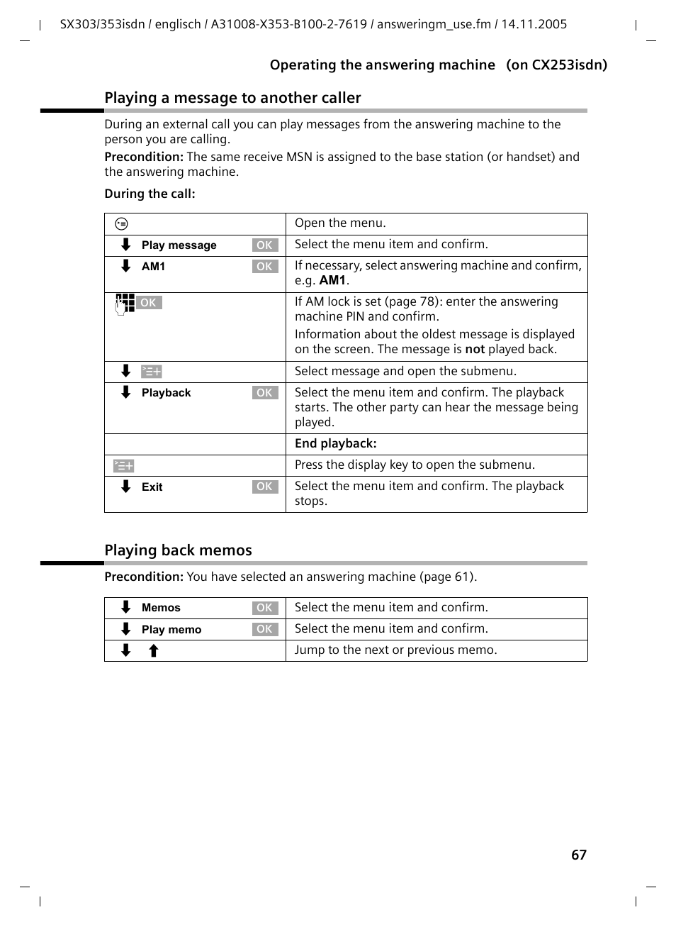 Playing a message to another caller, Playing back memos | Siemens CX203isdn User Manual | Page 68 / 161