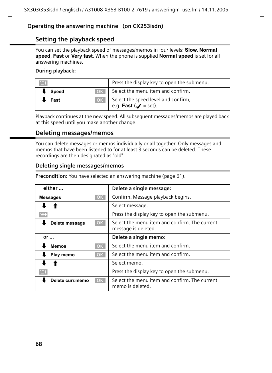 Setting the playback speed, Deleting messages/memos, Deleting single messages/memos | Setting the playback speed deleting messages/memos | Siemens CX203isdn User Manual | Page 69 / 161