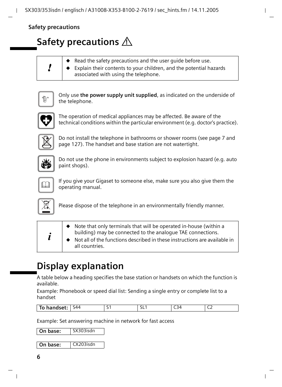 Safety precautions, Display explanation, Safety precautions display explanation | Siemens CX203isdn User Manual | Page 7 / 161