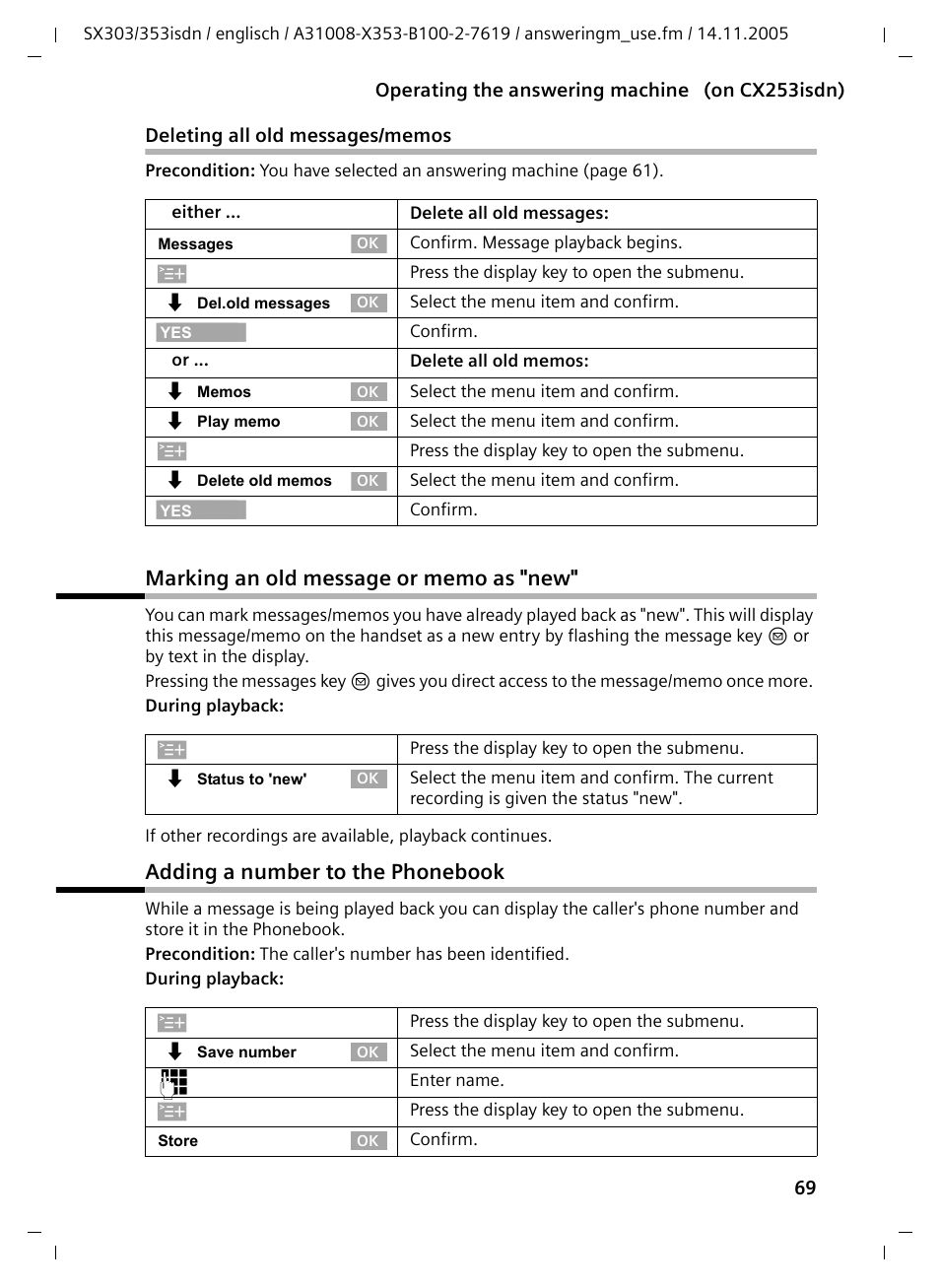 Marking an old message or memo as "new, Adding a number to the phonebook | Siemens CX203isdn User Manual | Page 70 / 161