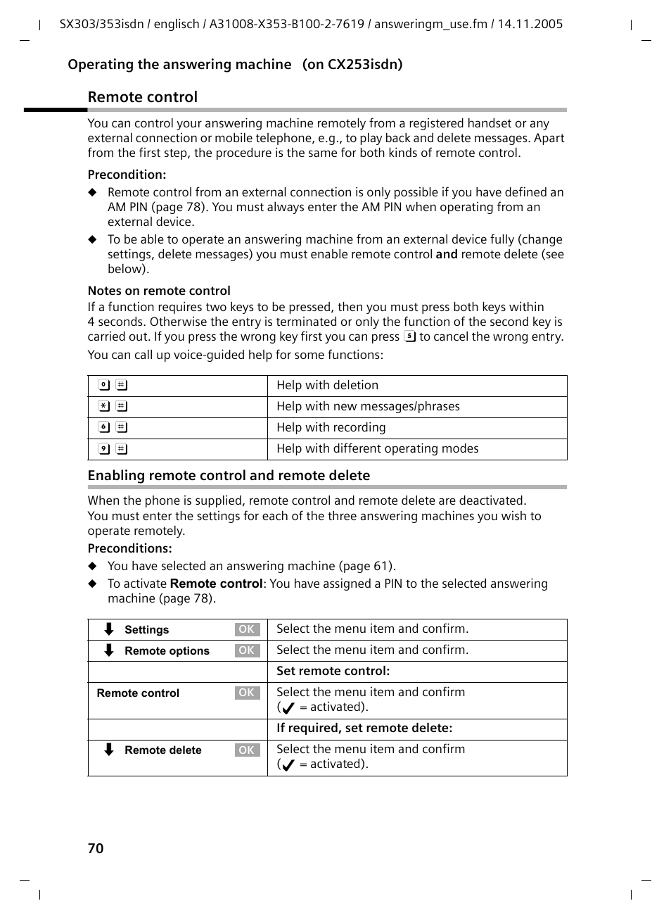 Remote control, Enabling remote control and remote delete | Siemens CX203isdn User Manual | Page 71 / 161