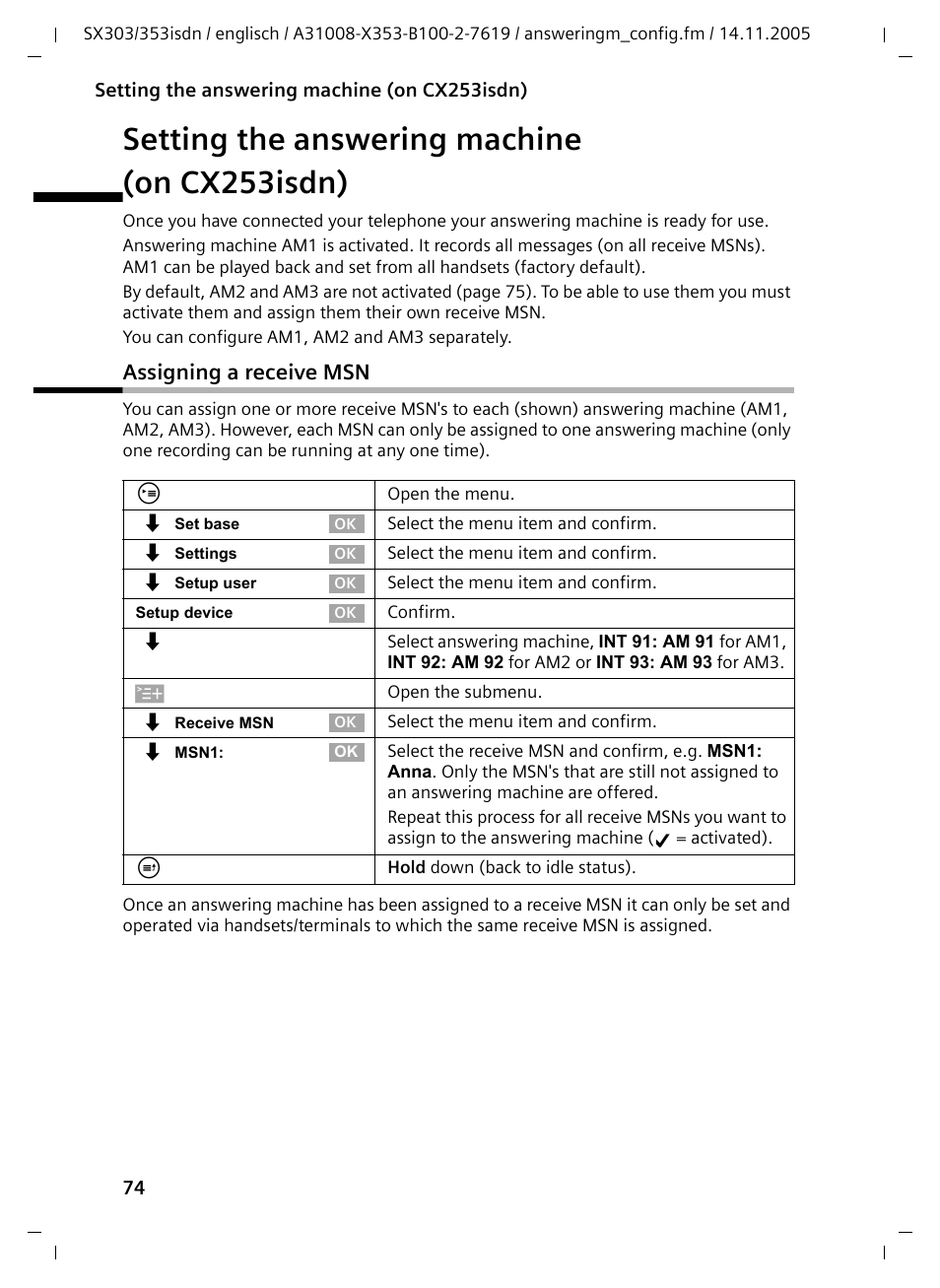 Setting the answering machine (on cx253isdn), Assigning a receive msn, Setting the answering machine (on cx253isdn) 74 | Siemens CX203isdn User Manual | Page 75 / 161