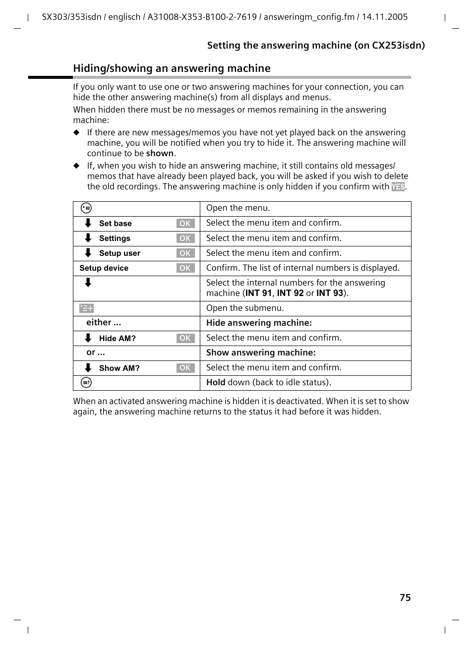 Hiding/showing an answering machine | Siemens CX203isdn User Manual | Page 76 / 161