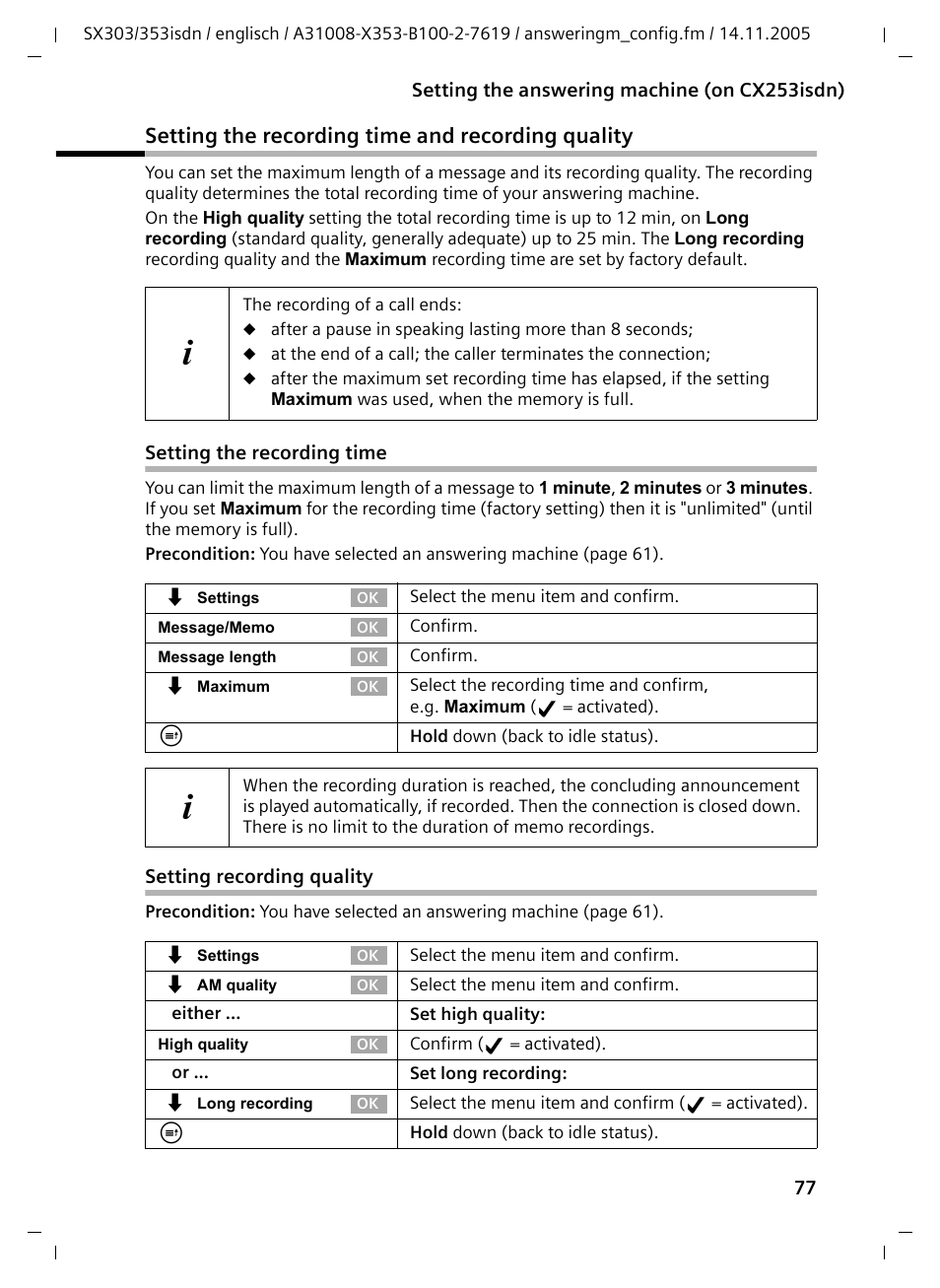 Setting the recording time and recording quality, Setting the recording time, Setting recording quality | Siemens CX203isdn User Manual | Page 78 / 161