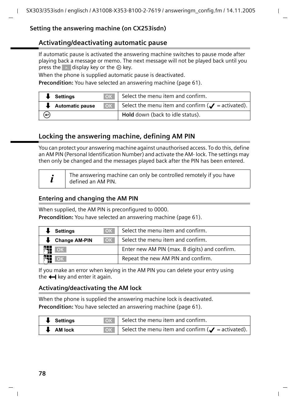 Activating/deactivating automatic pause, Locking the answering machine, defining am pin, Entering and changing the am pin | Activating/deactivating the am lock | Siemens CX203isdn User Manual | Page 79 / 161