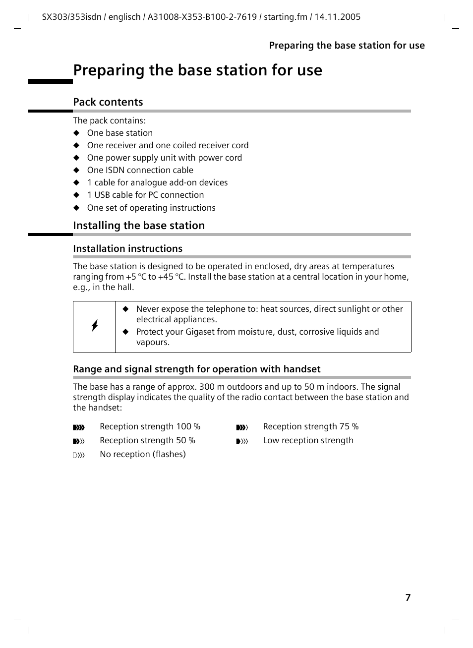 Preparing the base station for use, Pack contents, Installing the base station | Installation instructions, Pack contents installing the base station | Siemens CX203isdn User Manual | Page 8 / 161