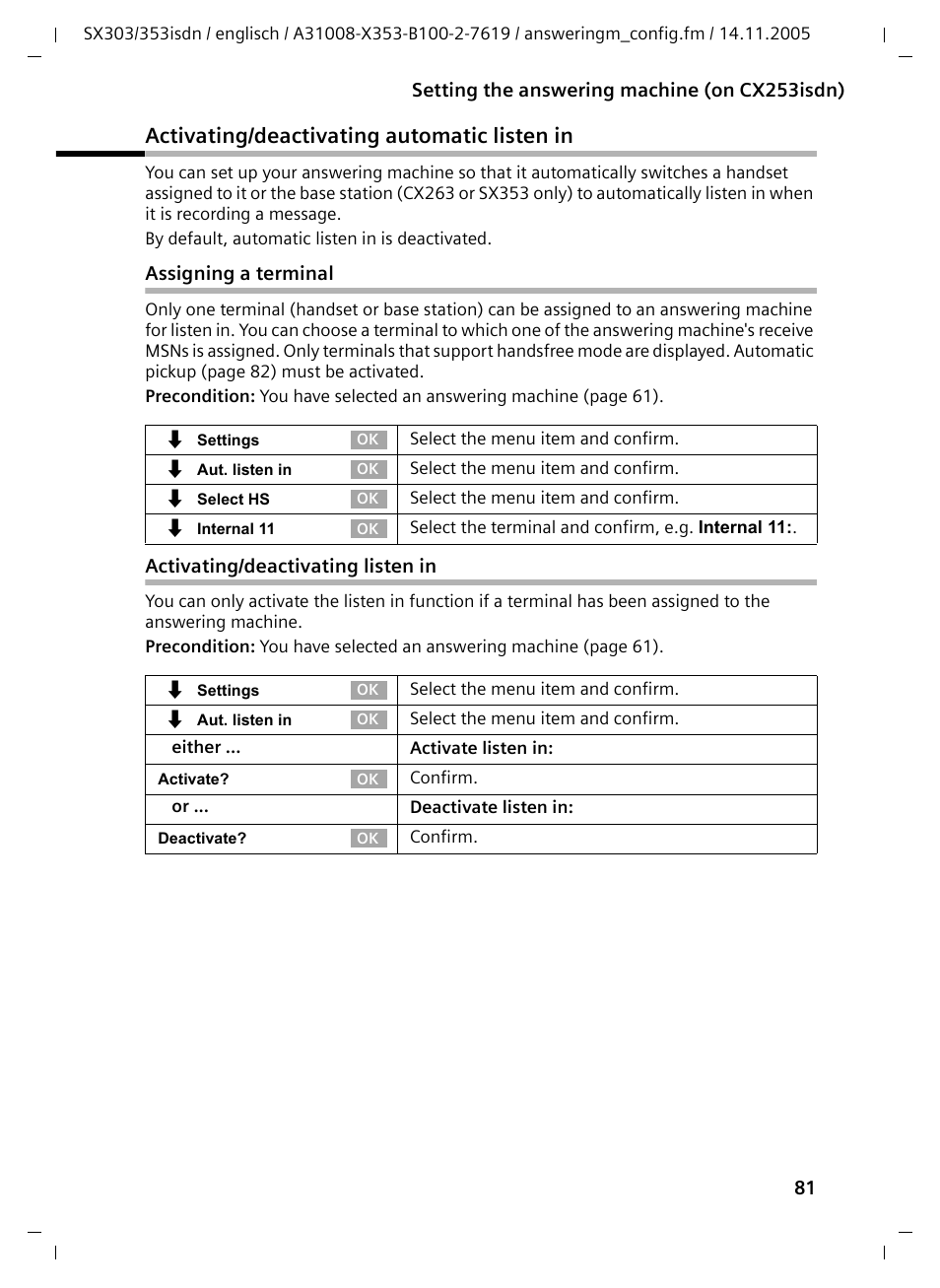 Activating/deactivating automatic listen in, Assigning a terminal, Activating/deactivating listen in | Siemens CX203isdn User Manual | Page 82 / 161