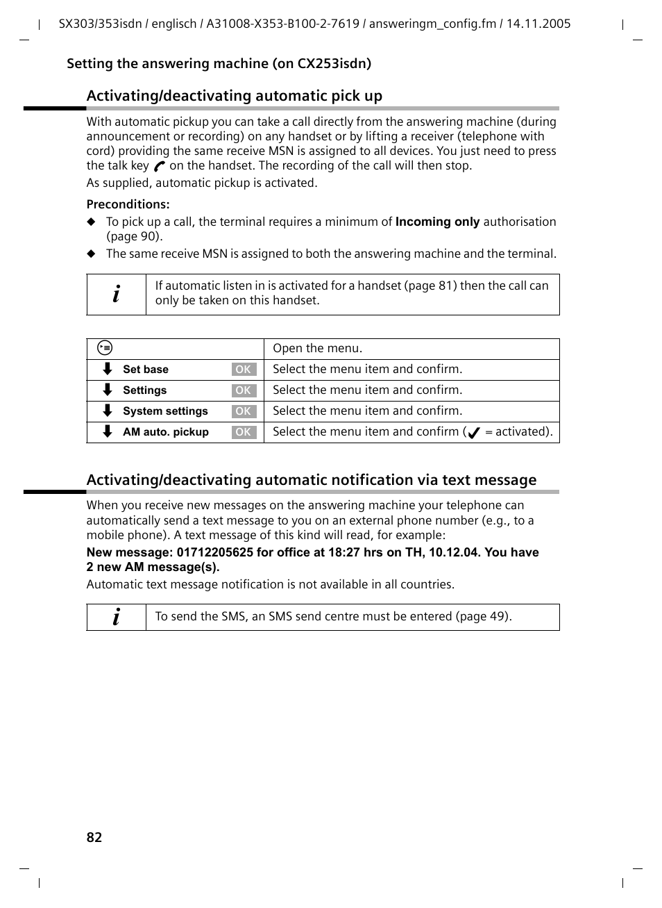 Activating/deactivating automatic pick up | Siemens CX203isdn User Manual | Page 83 / 161