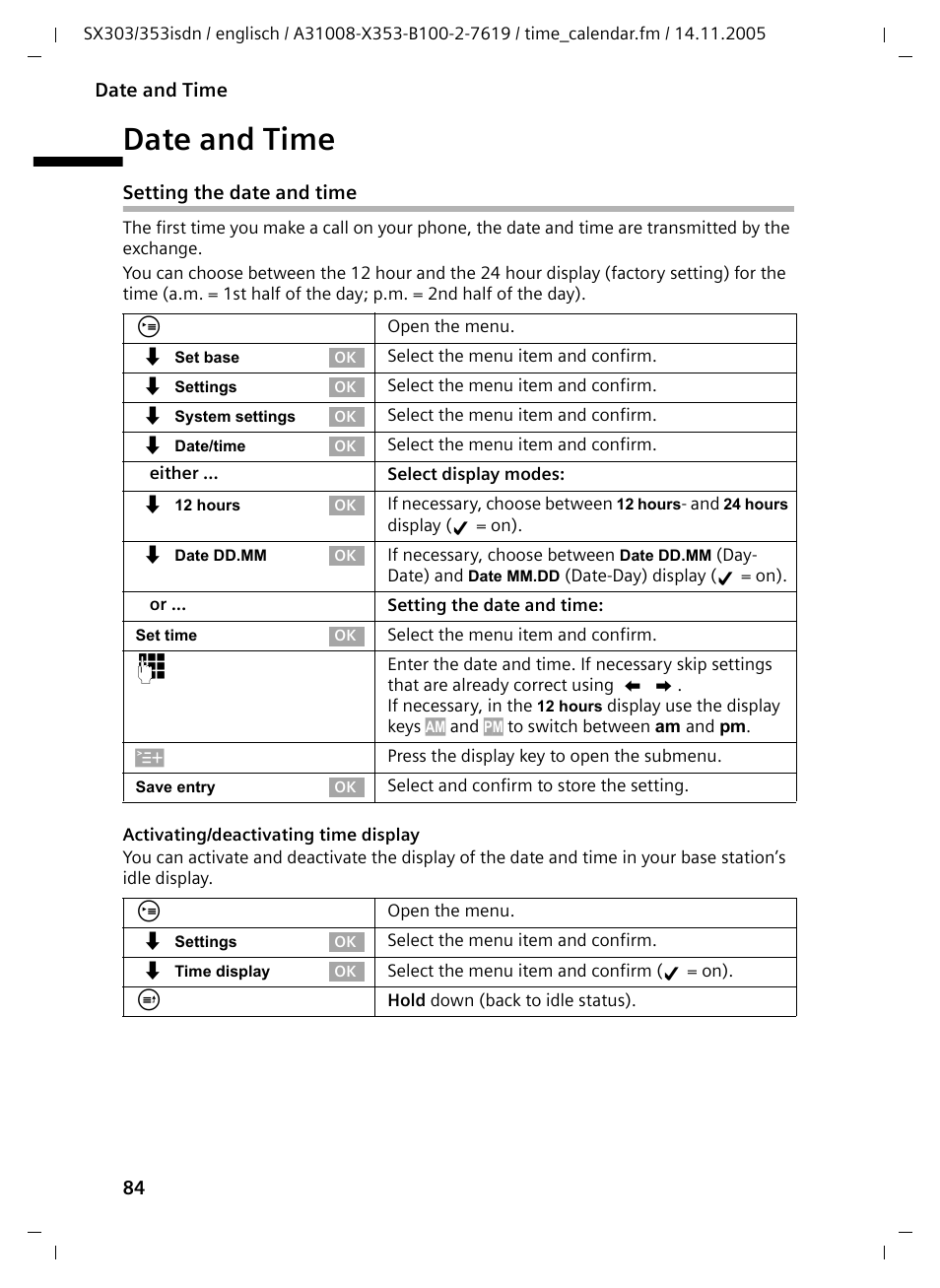 Date and time, Setting the date and time | Siemens CX203isdn User Manual | Page 85 / 161