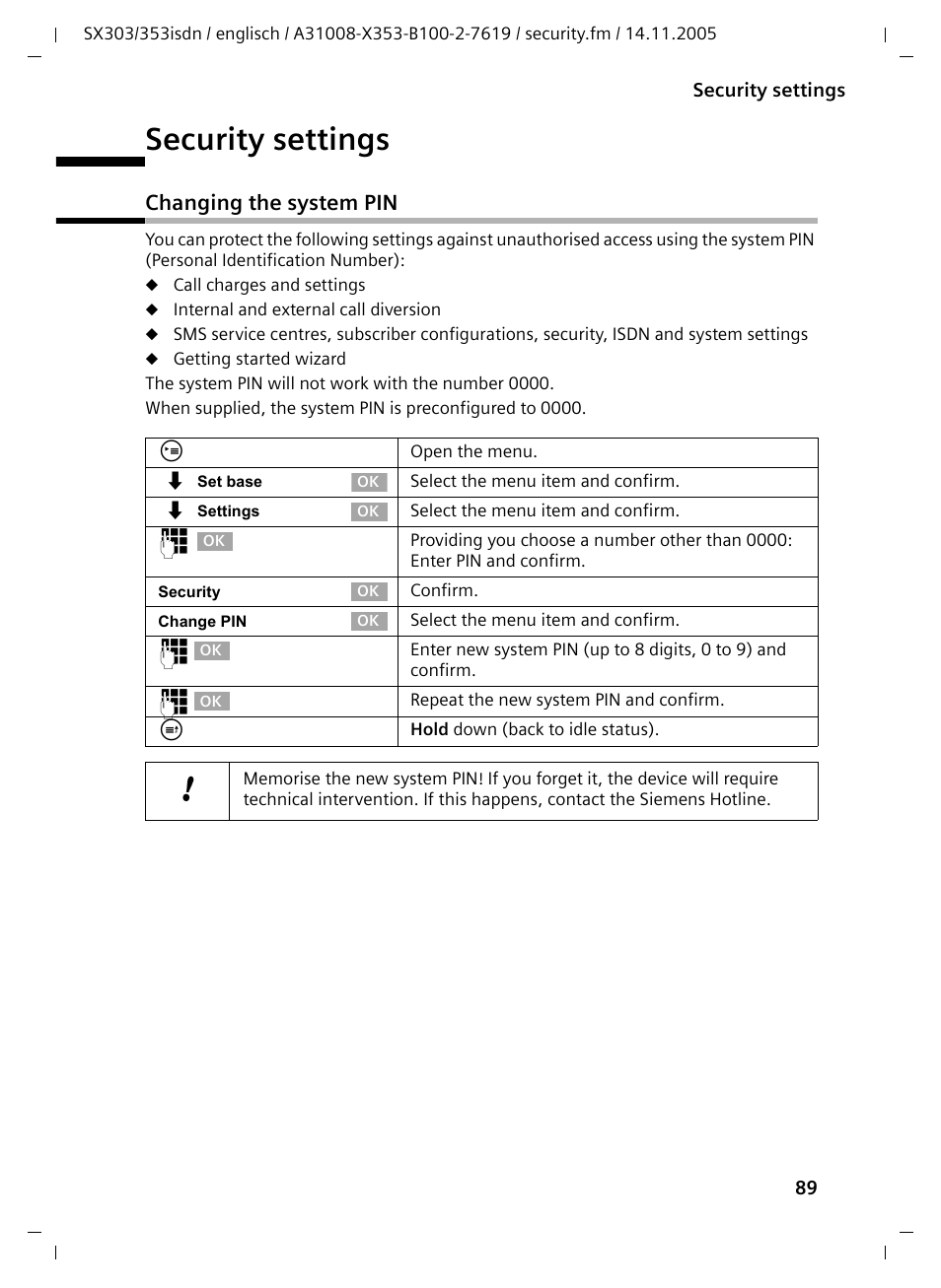 Security settings, Changing the system pin | Siemens CX203isdn User Manual | Page 90 / 161