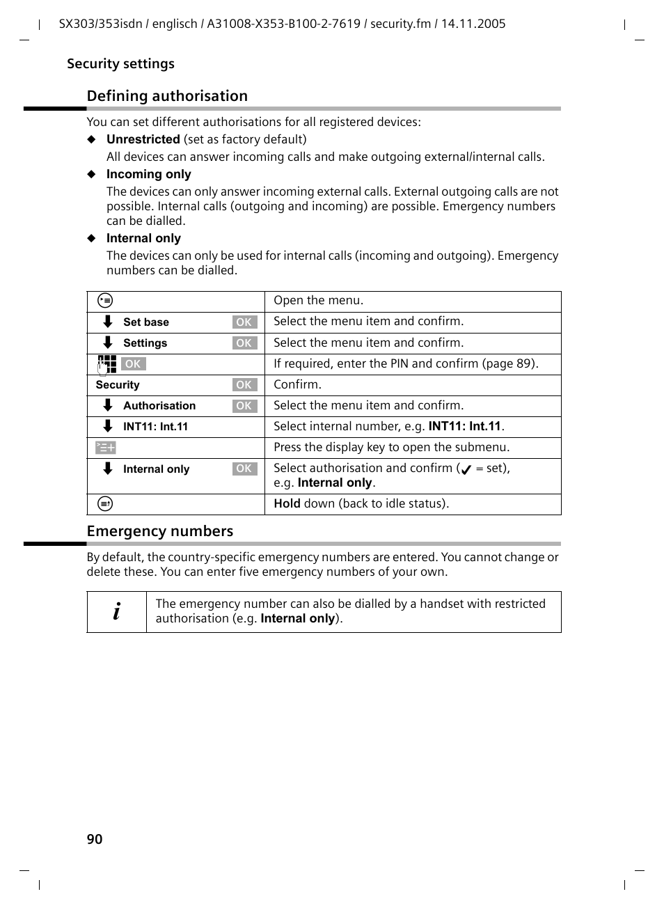 Defining authorisation, Emergency numbers, Defining authorisation emergency numbers | Siemens CX203isdn User Manual | Page 91 / 161