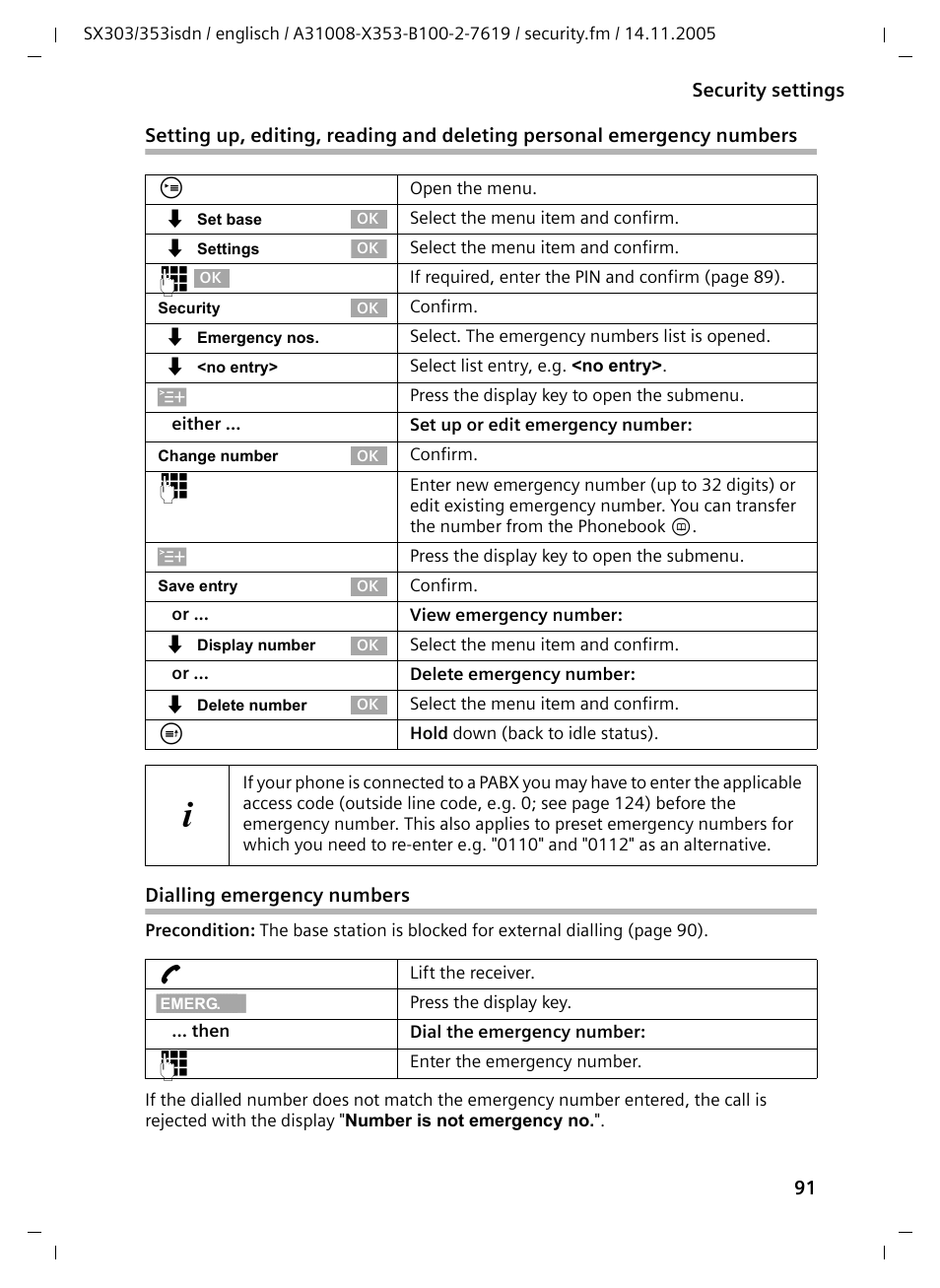 Dialling emergency numbers | Siemens CX203isdn User Manual | Page 92 / 161