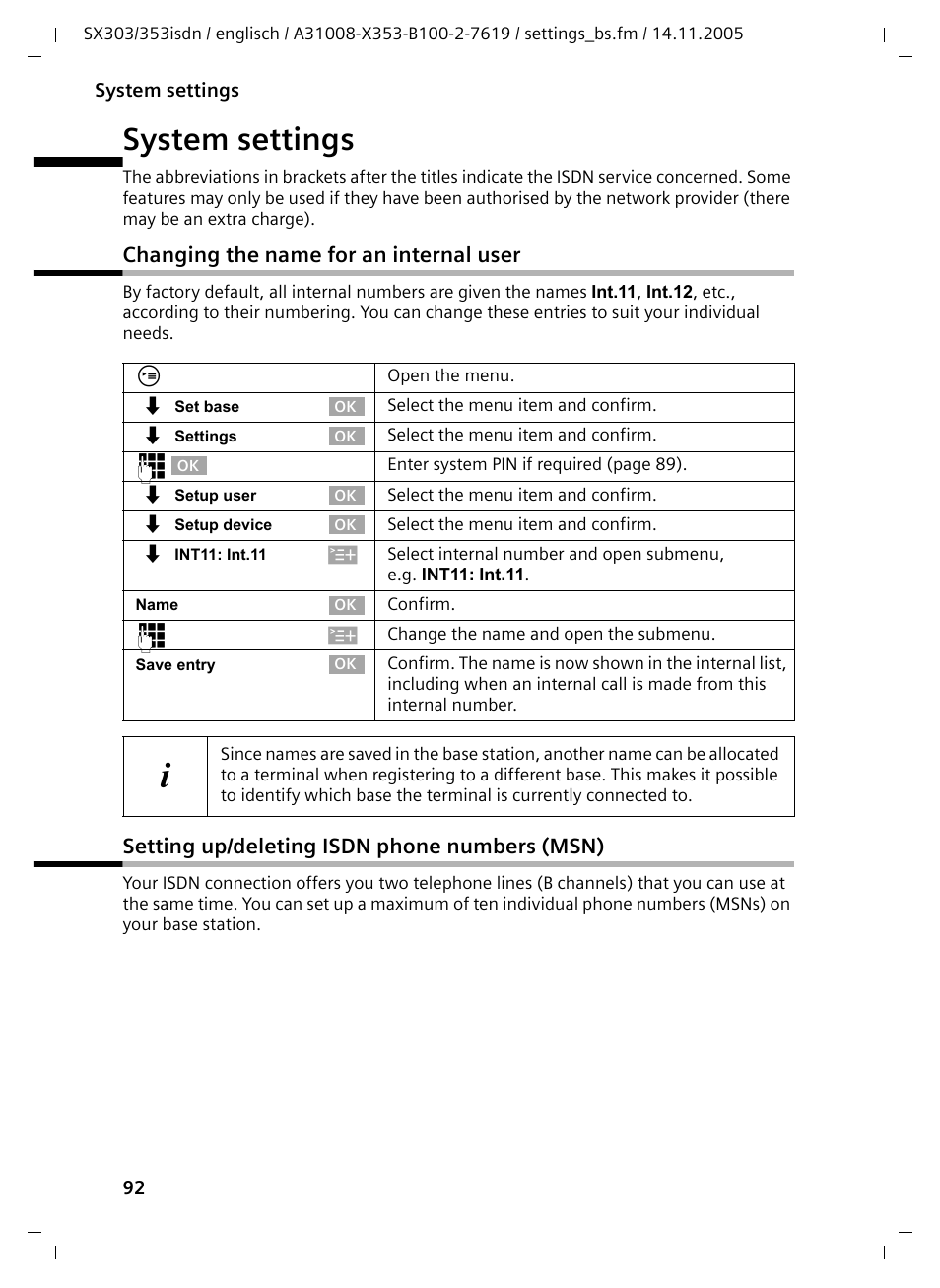 System settings, Changing the name for an internal user, Setting up/deleting isdn phone numbers (msn) | Siemens CX203isdn User Manual | Page 93 / 161