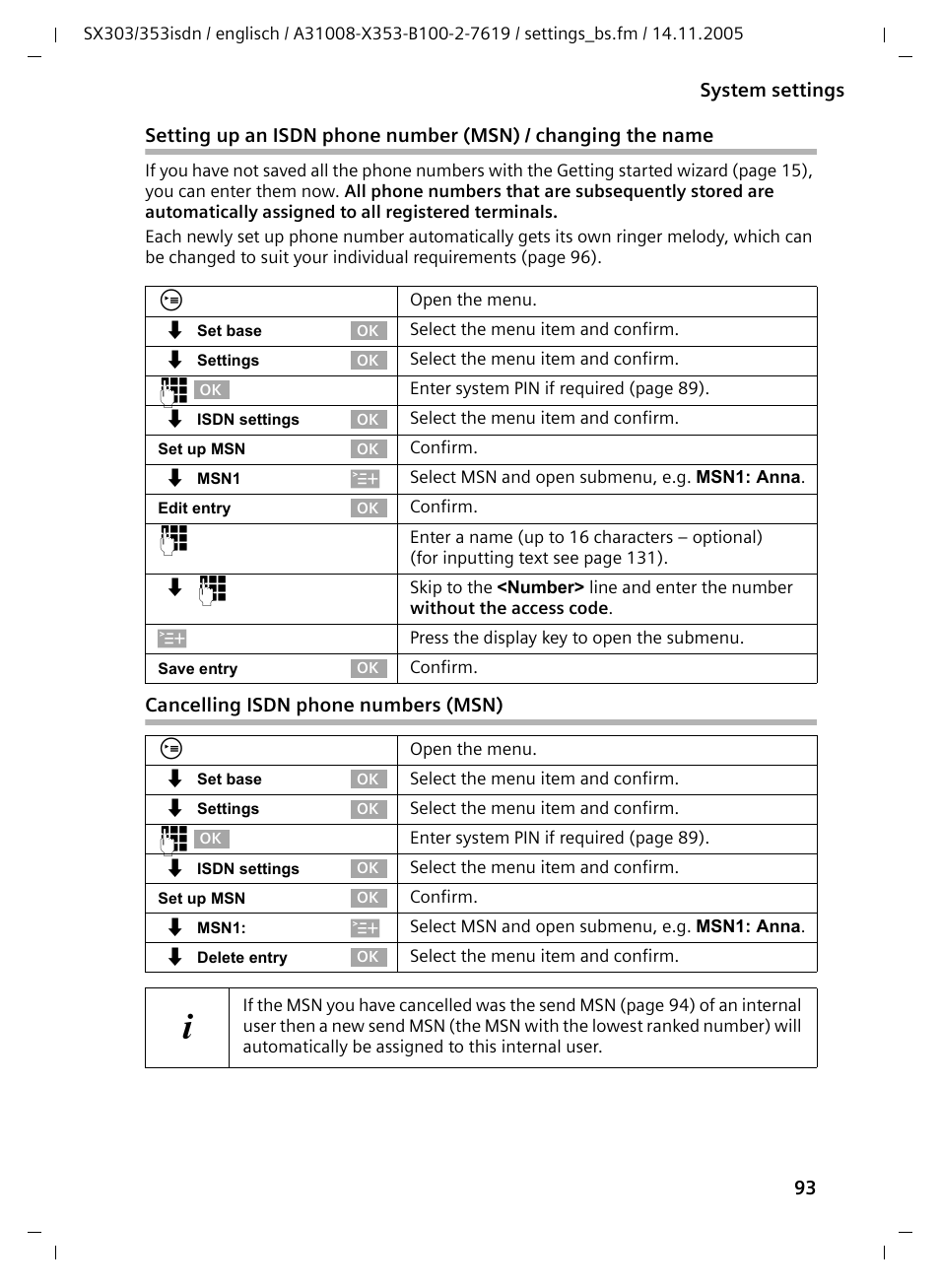 Cancelling isdn phone numbers (msn) | Siemens CX203isdn User Manual | Page 94 / 161