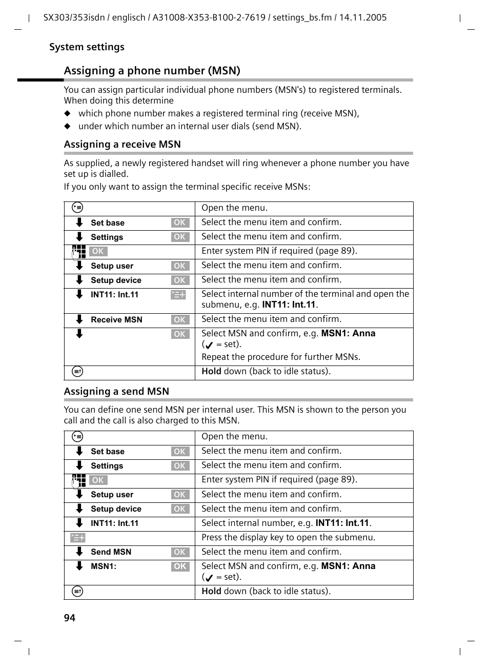 Assigning a phone number (msn), Assigning a receive msn, Assigning a send msn | Siemens CX203isdn User Manual | Page 95 / 161