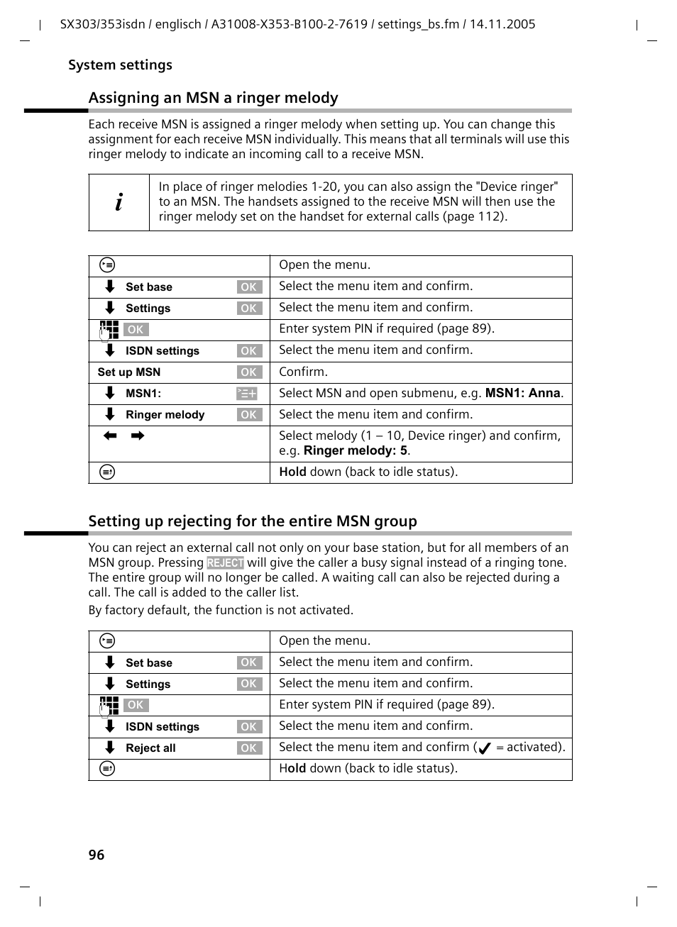 Assigning an msn a ringer melody, Setting up rejecting for the entire msn group | Siemens CX203isdn User Manual | Page 97 / 161