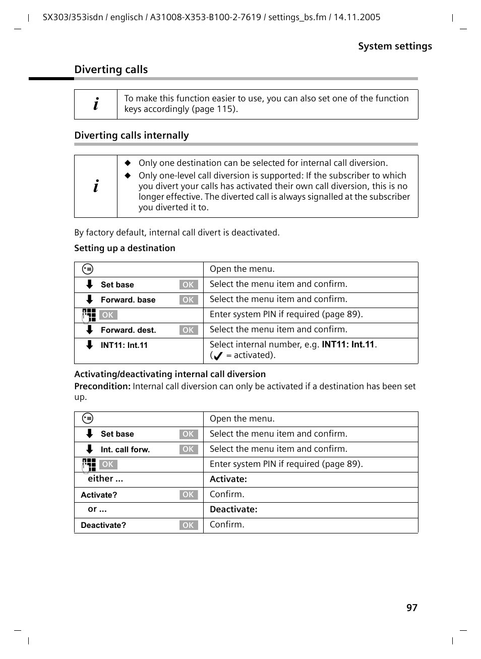 Diverting calls, Diverting calls internally | Siemens CX203isdn User Manual | Page 98 / 161