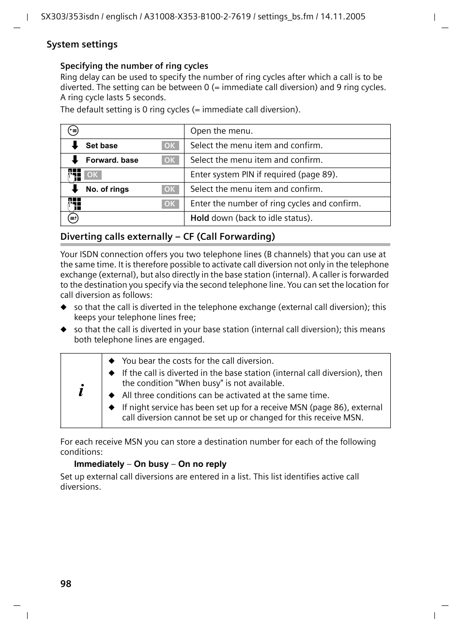 Diverting calls externally - cf (call forwarding) | Siemens CX203isdn User Manual | Page 99 / 161