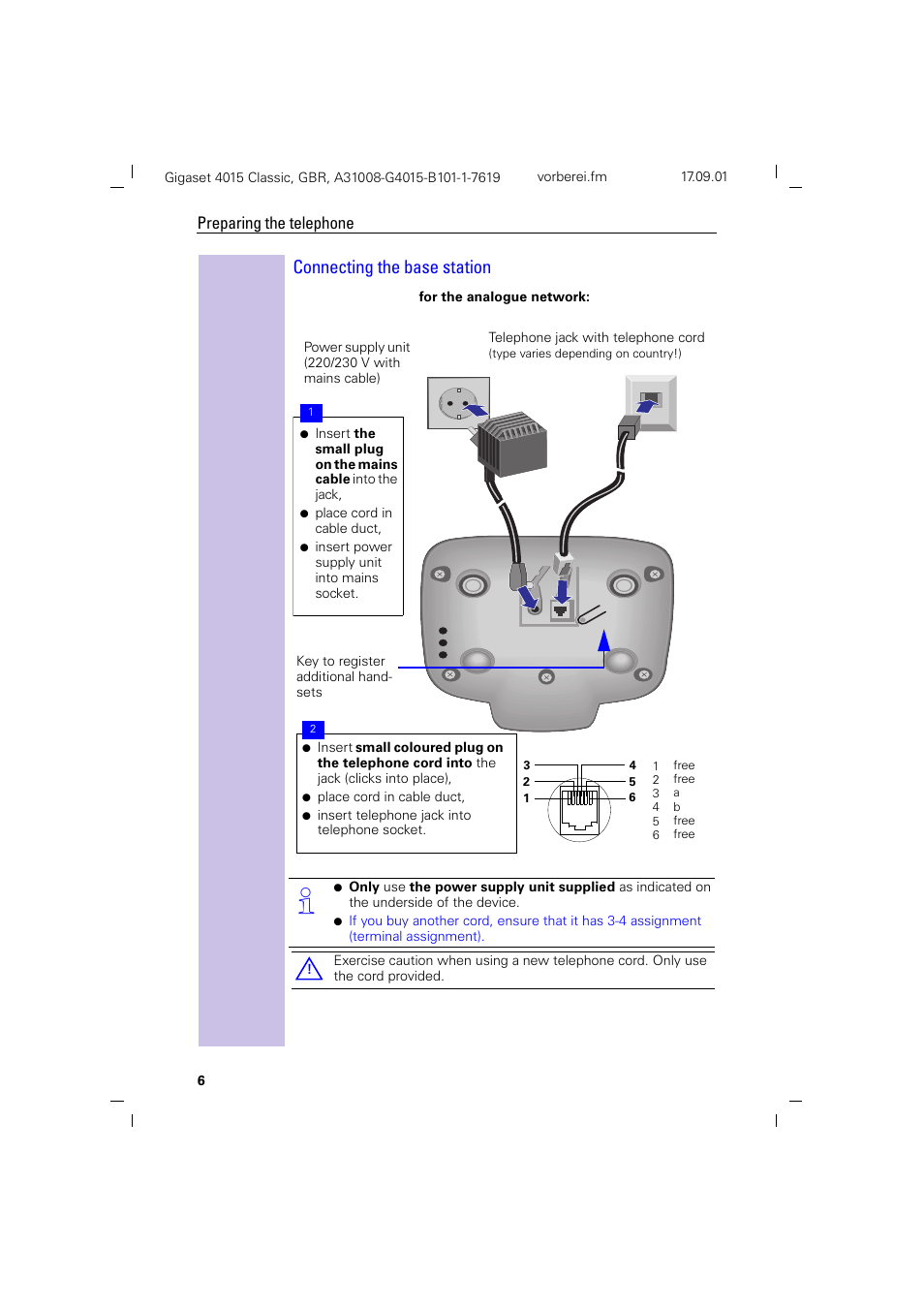 Connecting the base station, Preparing the telephone | Siemens Gigaset 4015 User Manual | Page 10 / 77